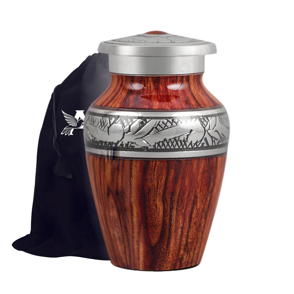 Printed Wood & Silver Hand-Engraved Cremation Urn