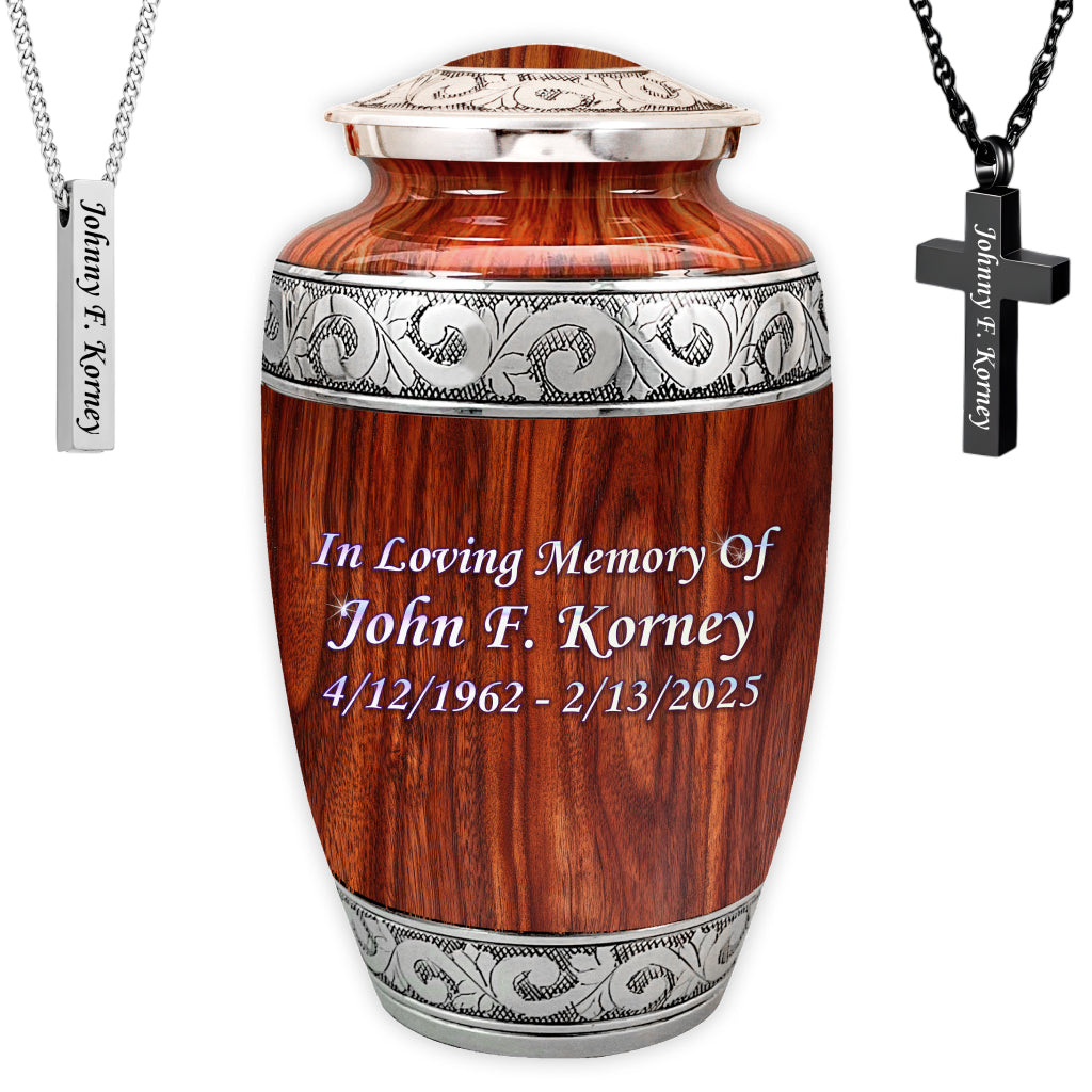 Printed Wood & Silver Hand-Engraved Cremation Urn