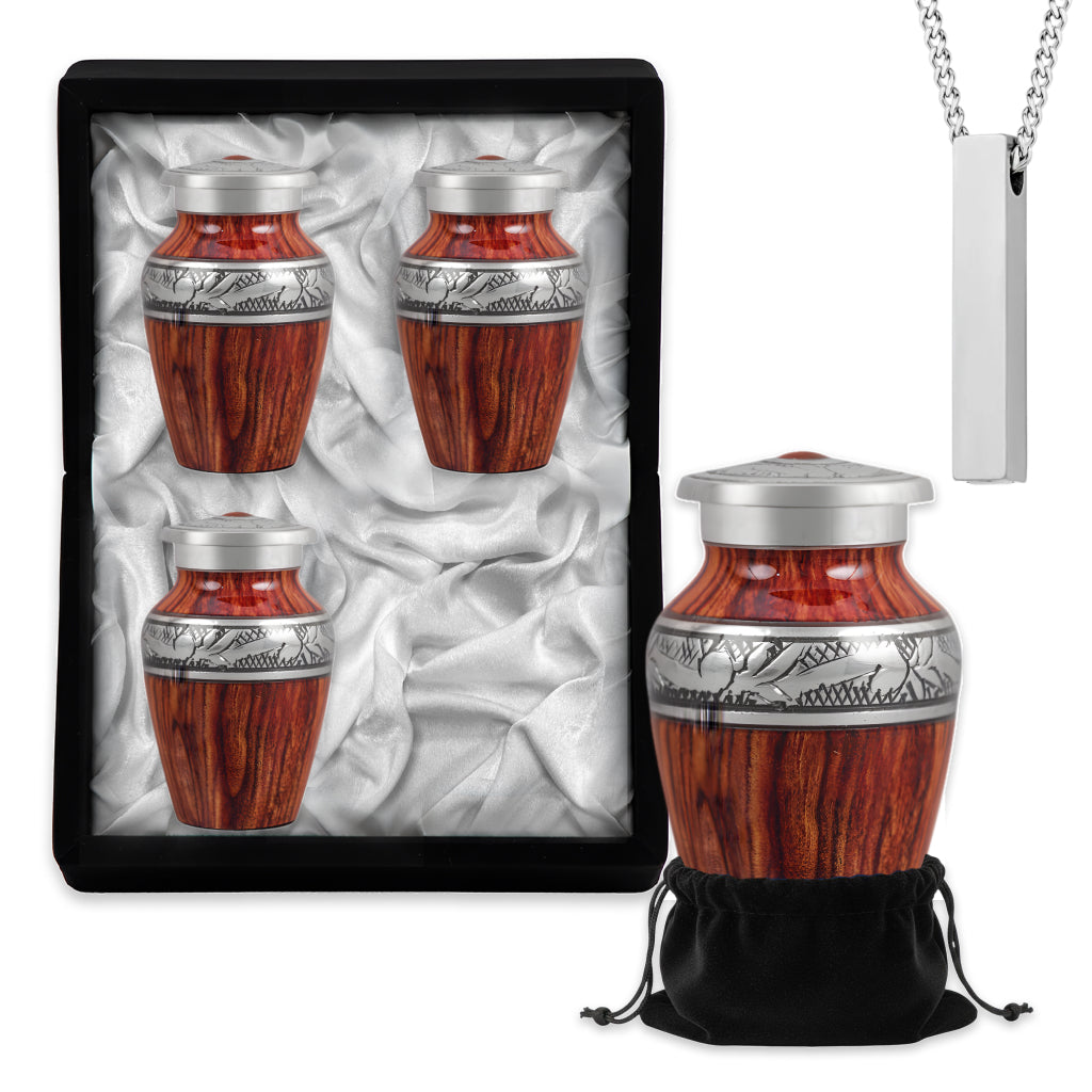 Printed Wood & Silver Hand-Engraved Cremation Urn