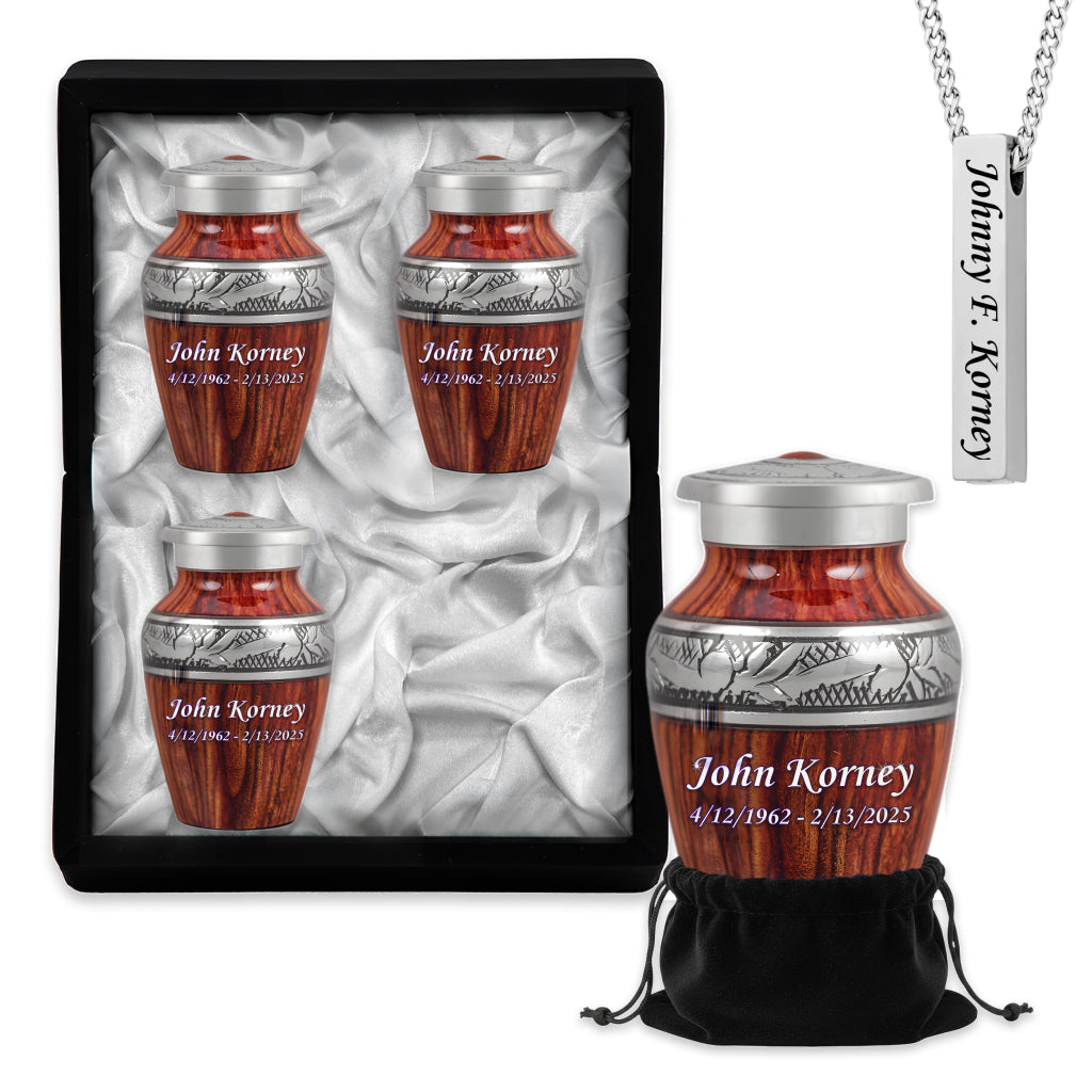 Printed Wood & Silver Hand-Engraved Cremation Urn