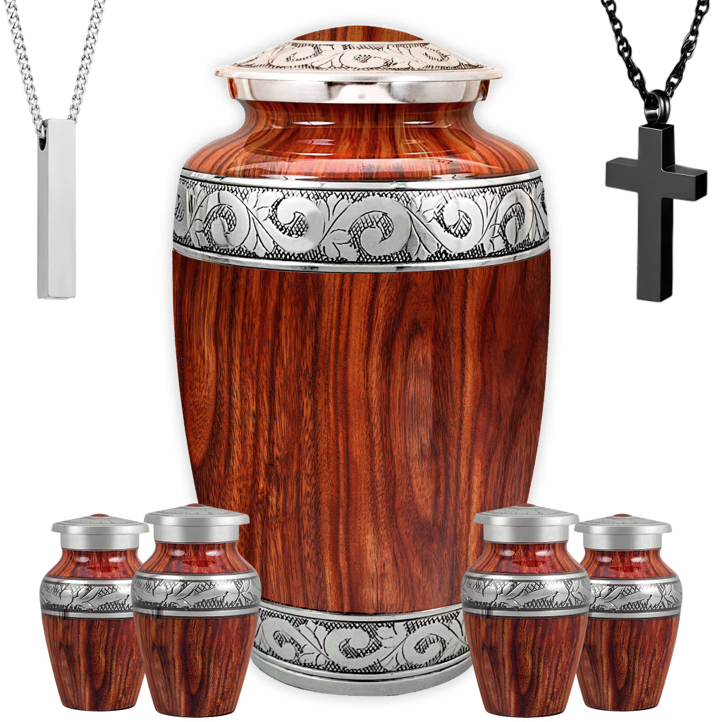 Printed Wood & Silver Hand-Engraved Cremation Urn