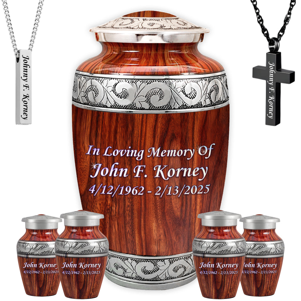 Printed Wood & Silver Hand-Engraved Cremation Urn