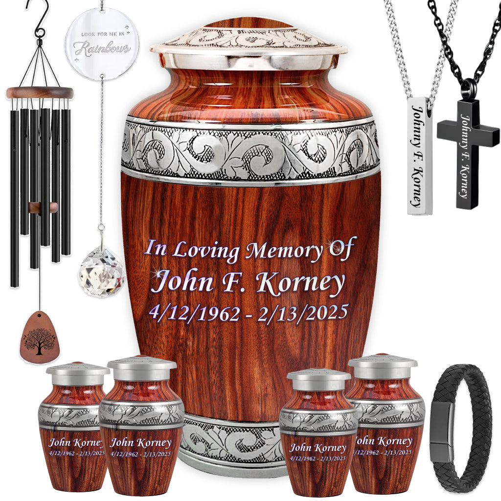 Printed Wood & Silver Hand-Engraved Cremation Urn