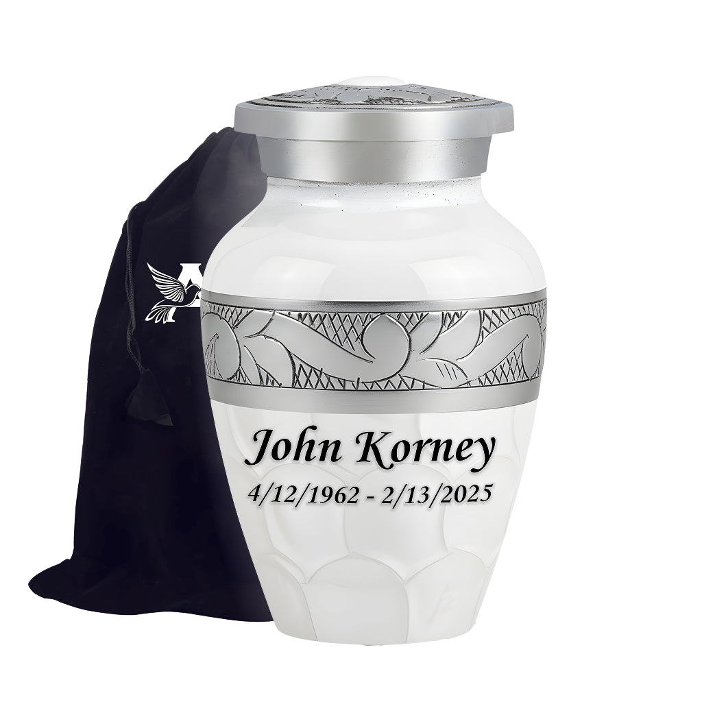 White Patch & Silver Hand-Engraved Cremation Urn