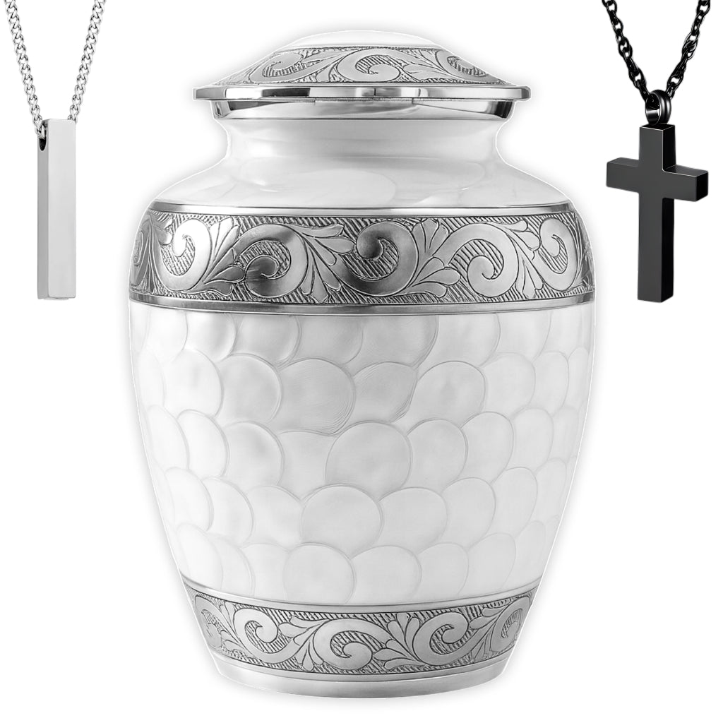 White Patch & Silver Hand-Engraved Cremation Urn