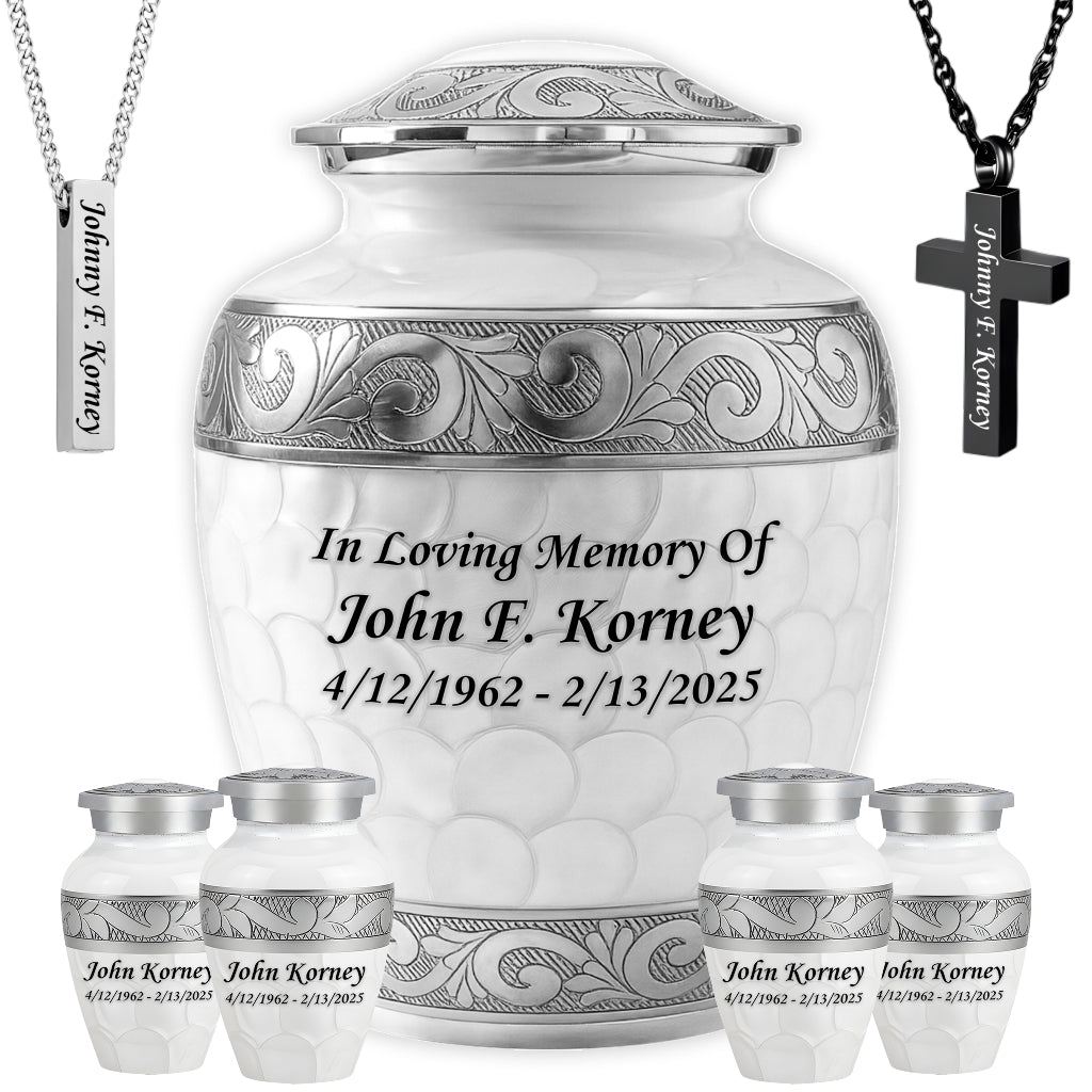 White Patch & Silver Hand-Engraved Cremation Urn
