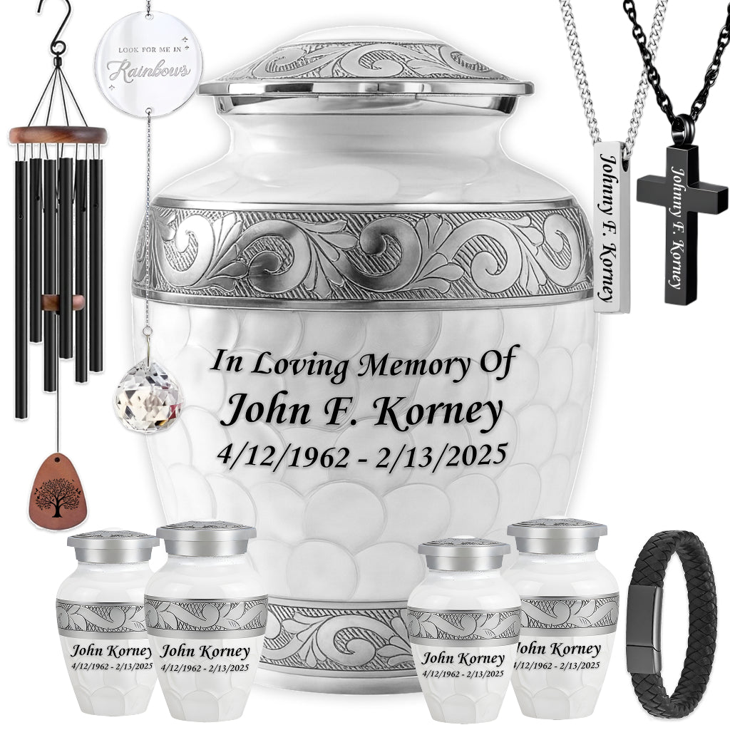 White Patch & Silver Hand-Engraved Cremation Urn