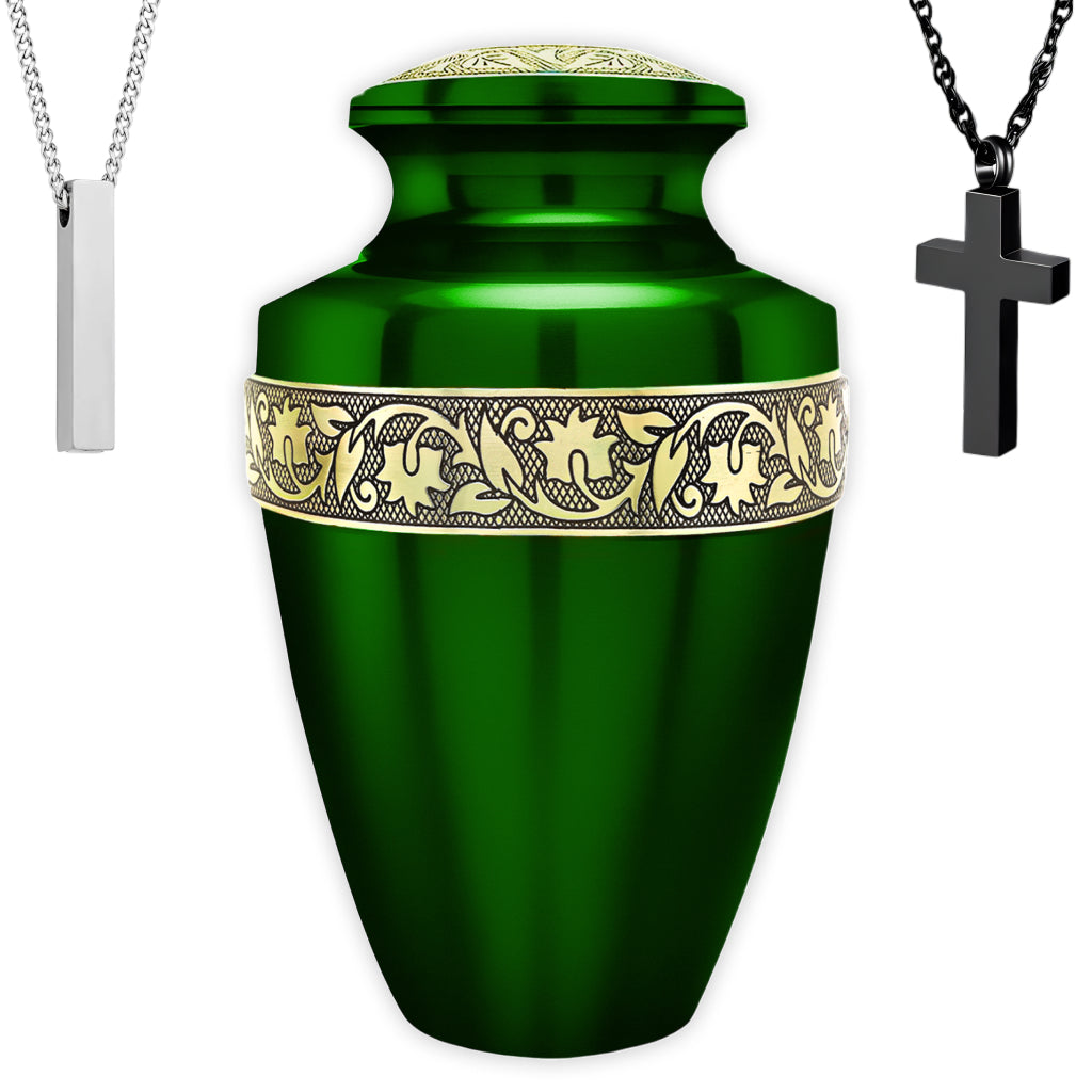 Green & Gold Engraved Grecian Cremation Urn