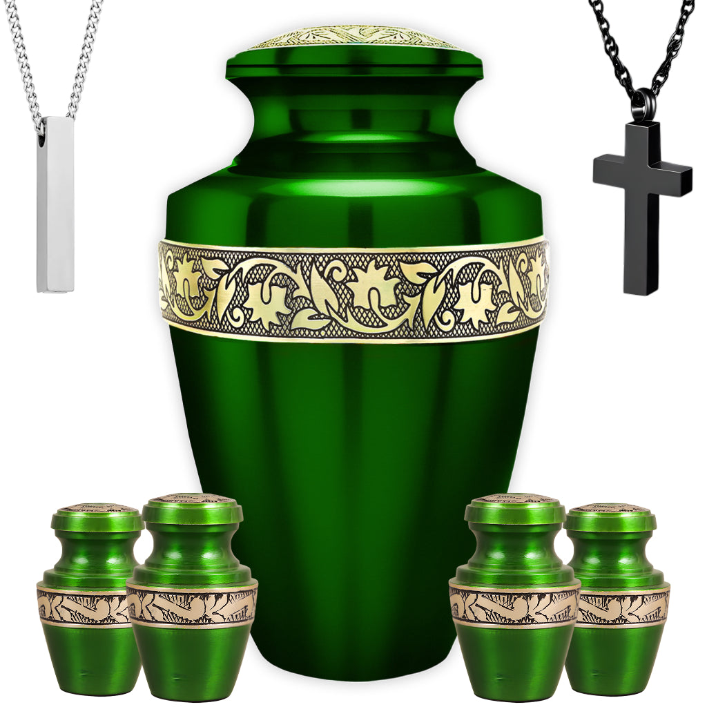 Green & Gold Engraved Grecian Cremation Urn