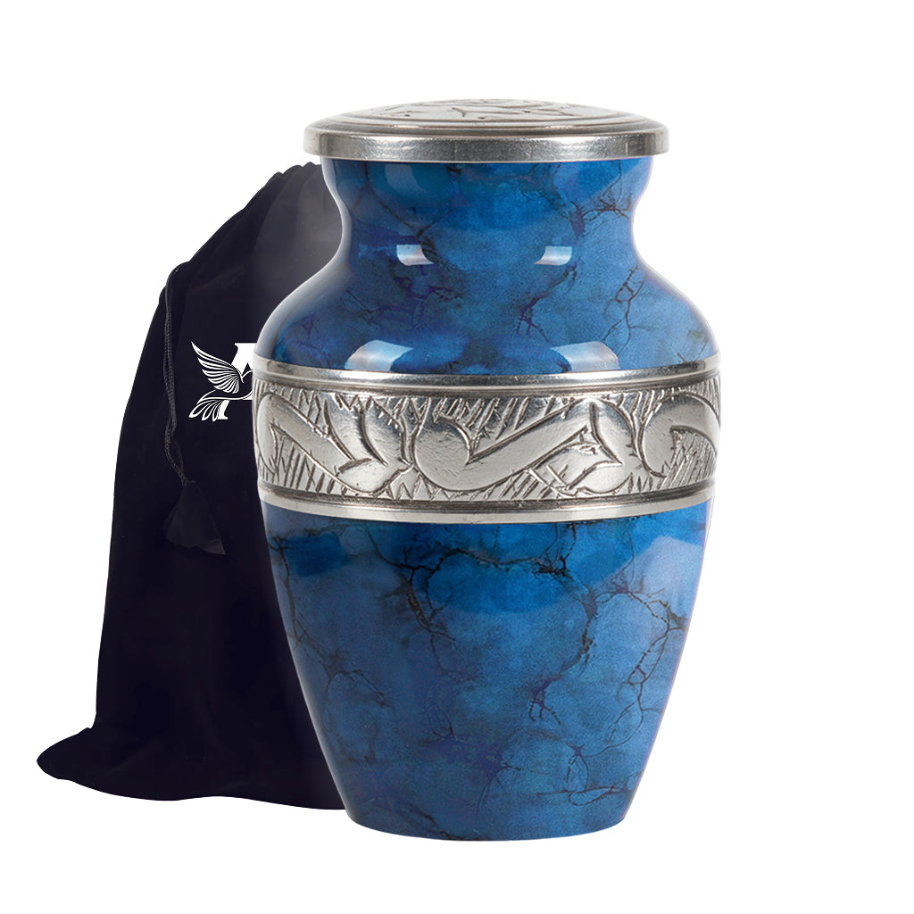 Blue Patch & Silver Engraved Cremation Urn