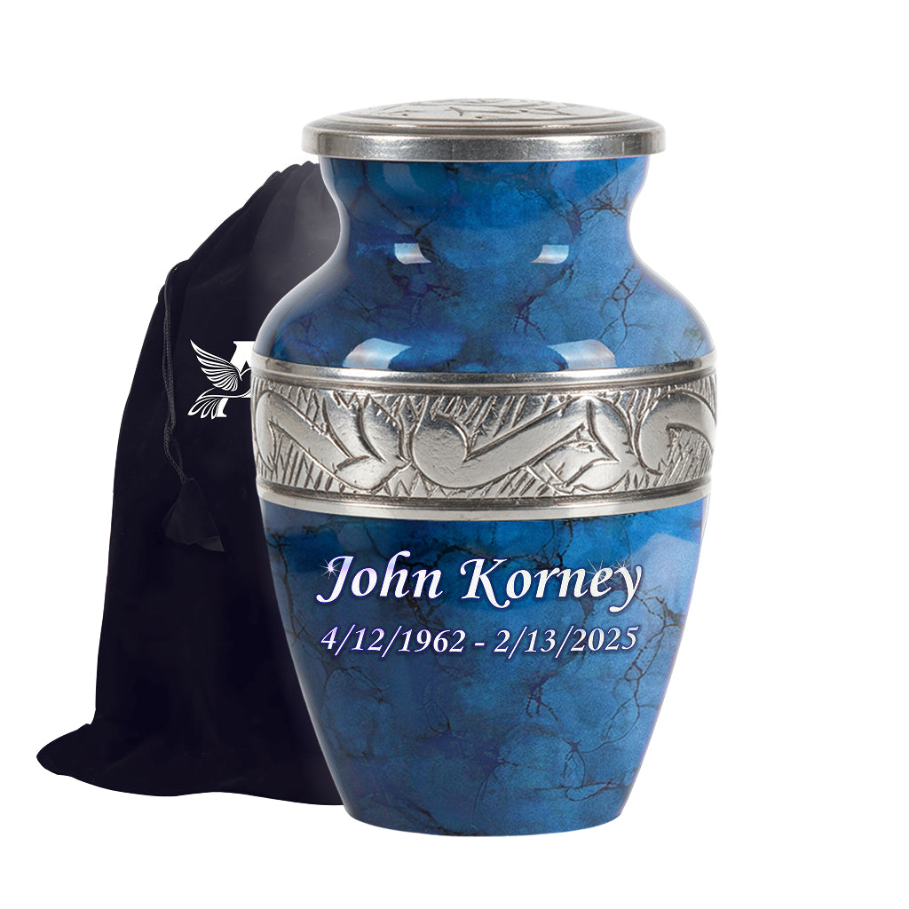 Blue Patch & Silver Engraved Cremation Urn