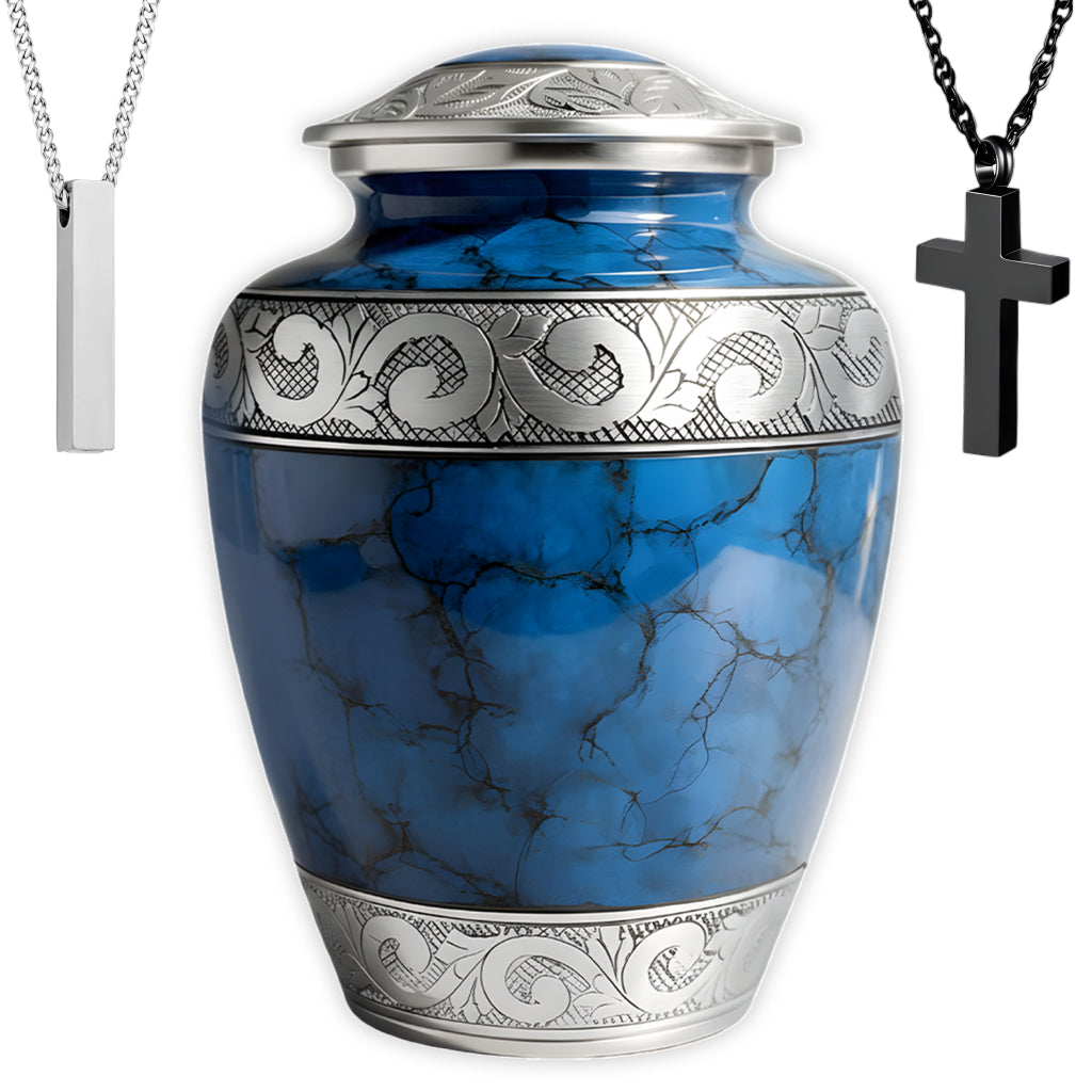 Blue Patch & Silver Engraved Cremation Urn