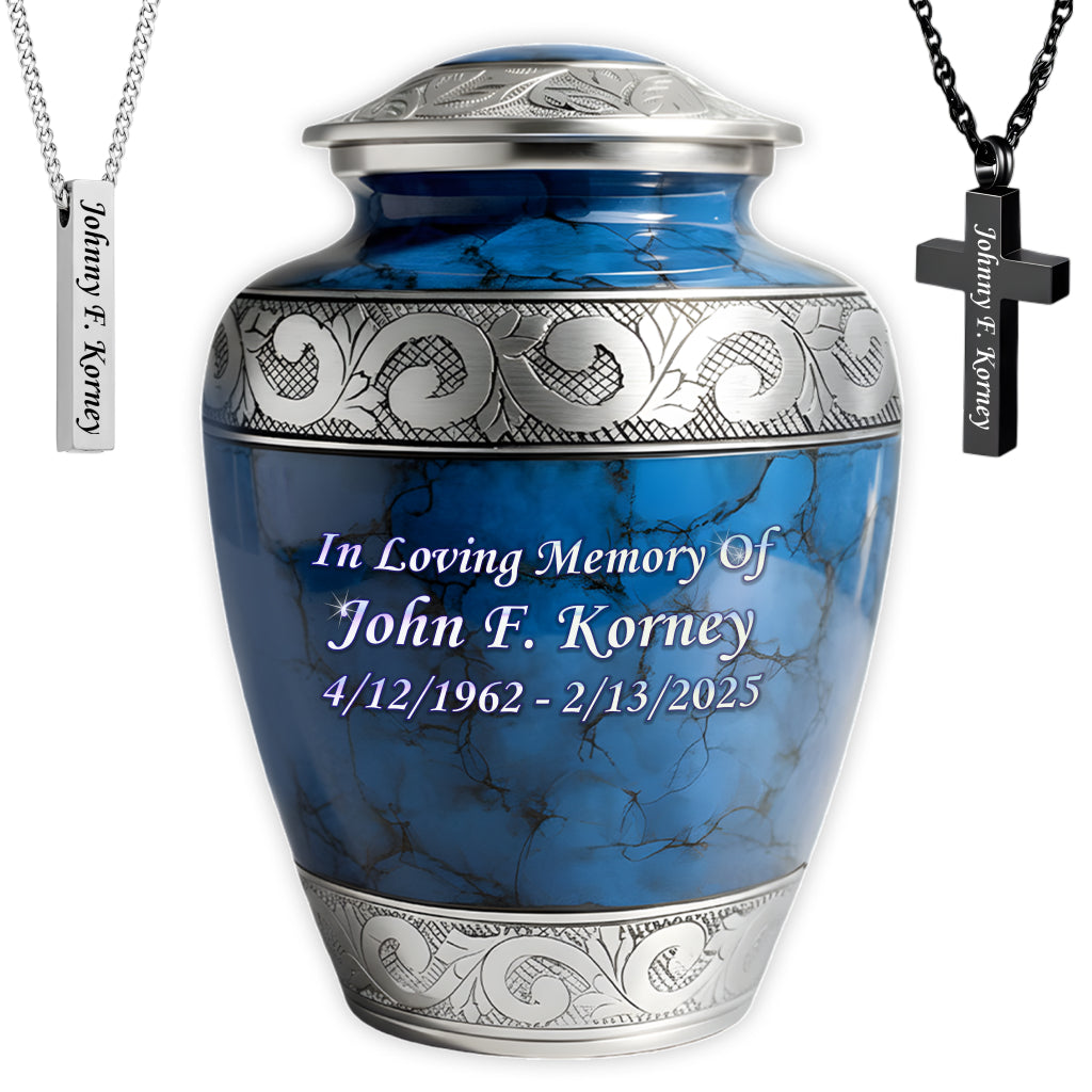 Blue Patch & Silver Engraved Cremation Urn