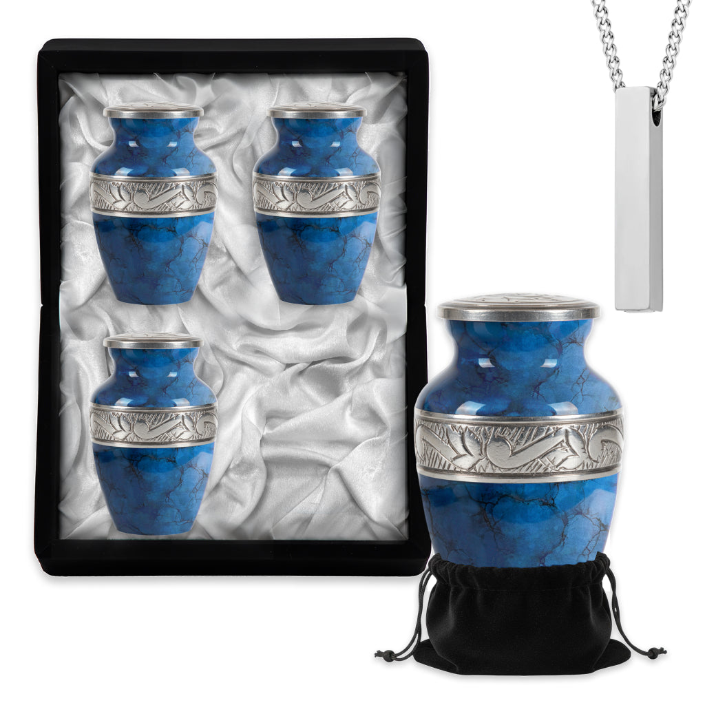 Blue Patch & Silver Engraved Cremation Urn