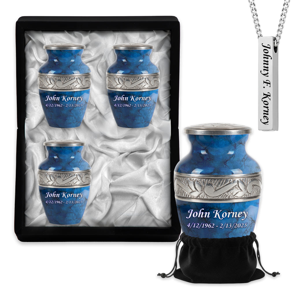 Blue Patch & Silver Engraved Cremation Urn