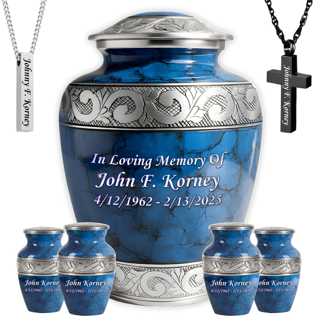 Blue Patch & Silver Engraved Cremation Urn
