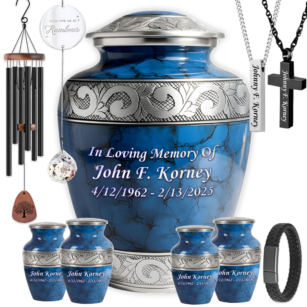 Blue Patch & Silver Engraved Cremation Urn