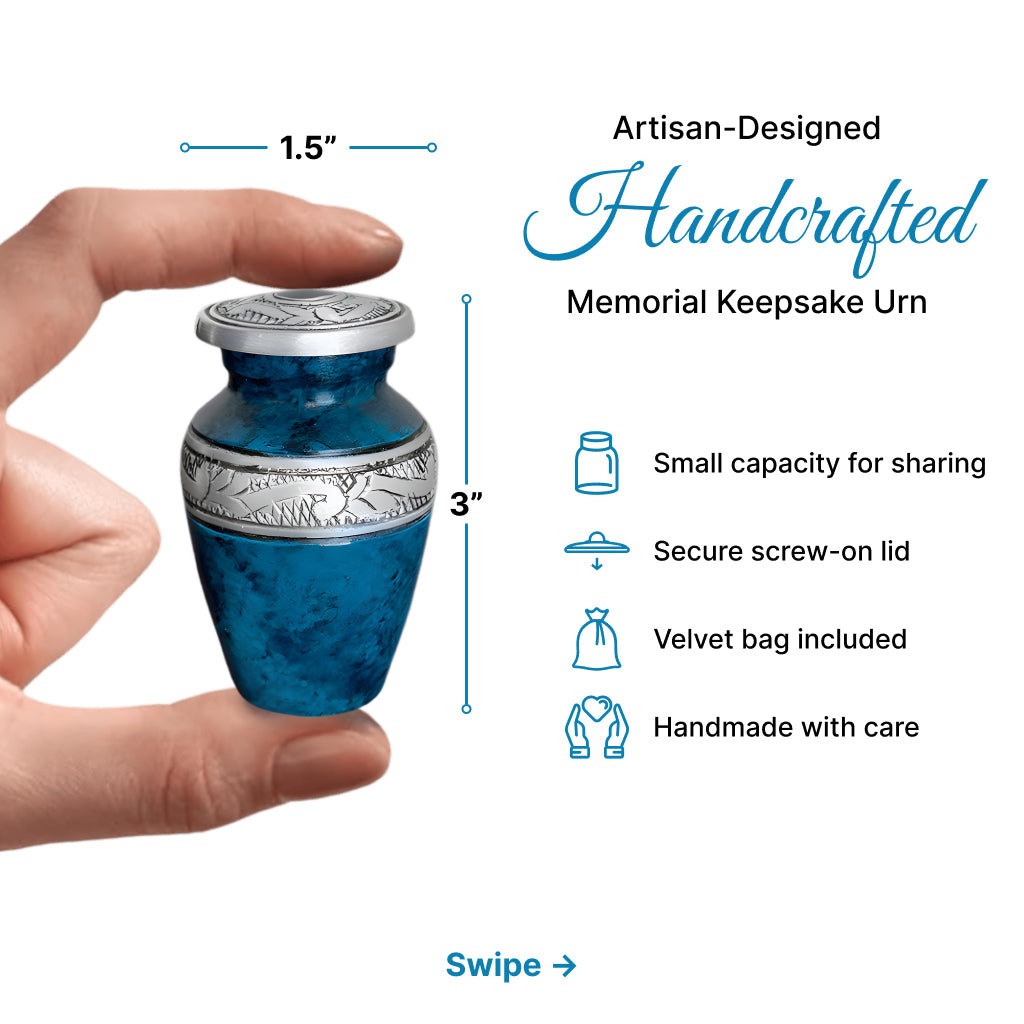 Blue Teal Marble & Silver Hand-Engraved Cremation Urn