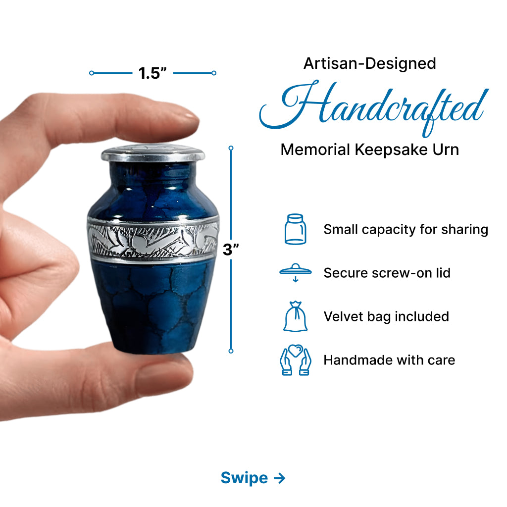 Blue Patch & Silver Engraved Cremation Urn