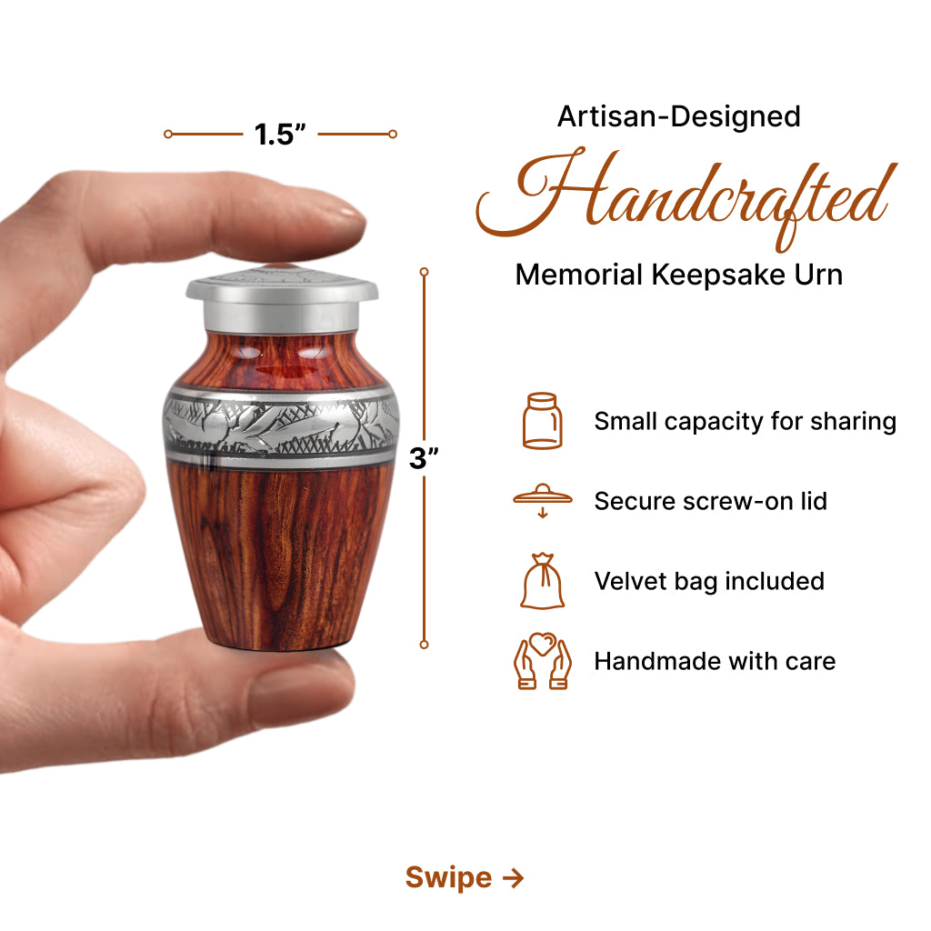 Printed Wood & Silver Hand-Engraved Cremation Urn