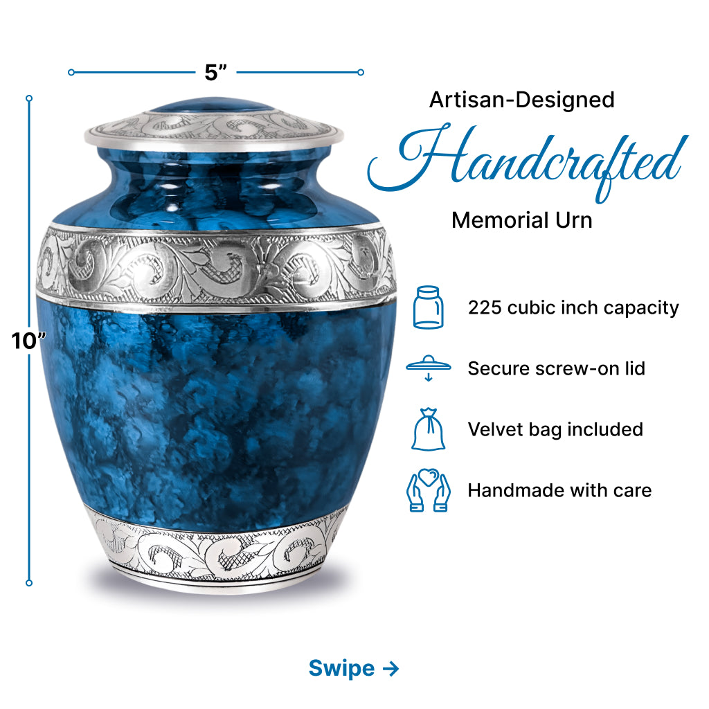 Blue Patch & Silver Engraved Cremation Urn
