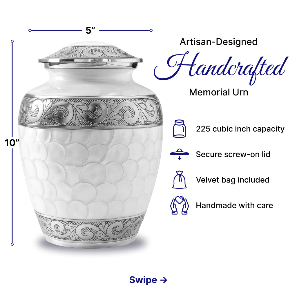 White Patch & Silver Hand-Engraved Cremation Urn