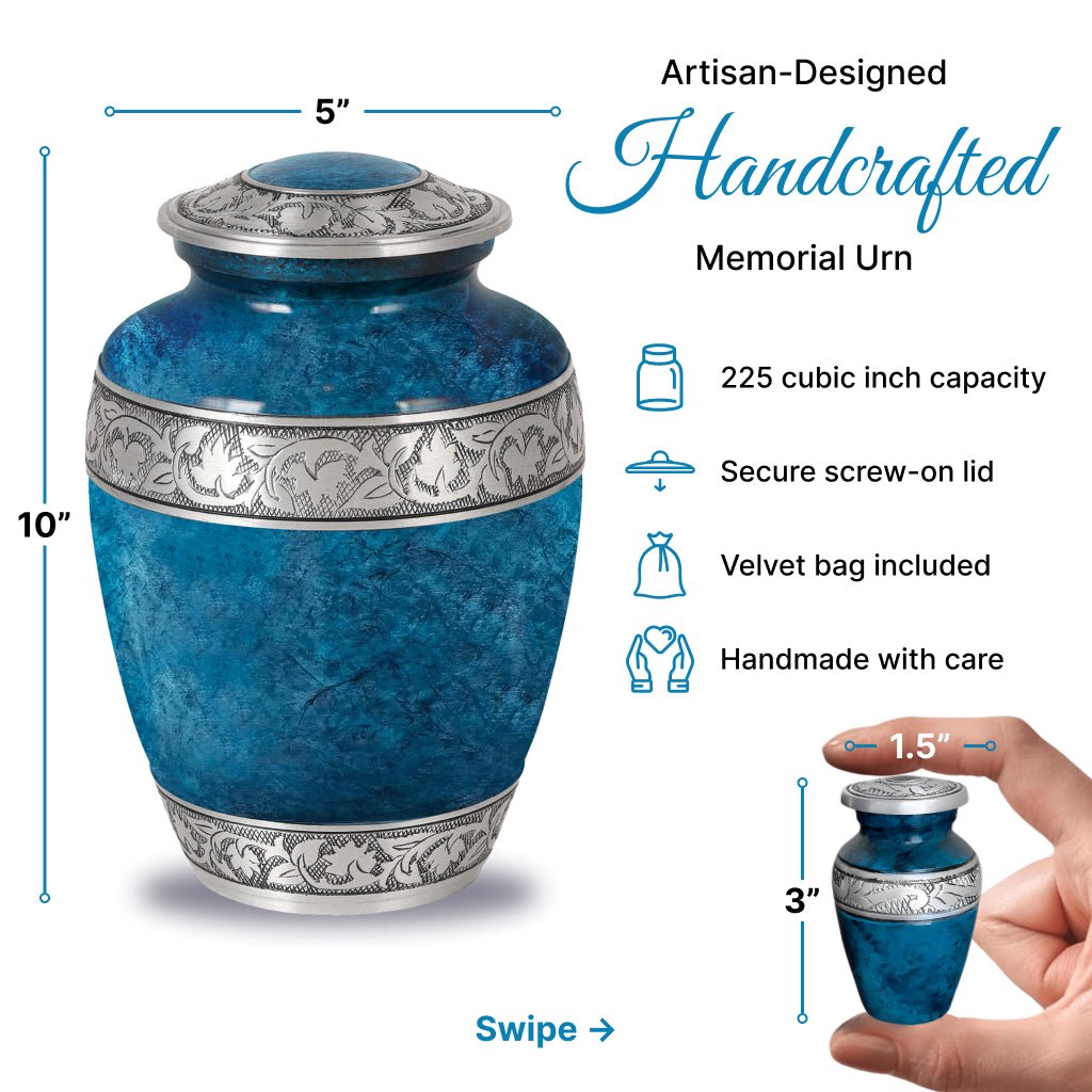 Blue Teal Marble & Silver Hand-Engraved Cremation Urn