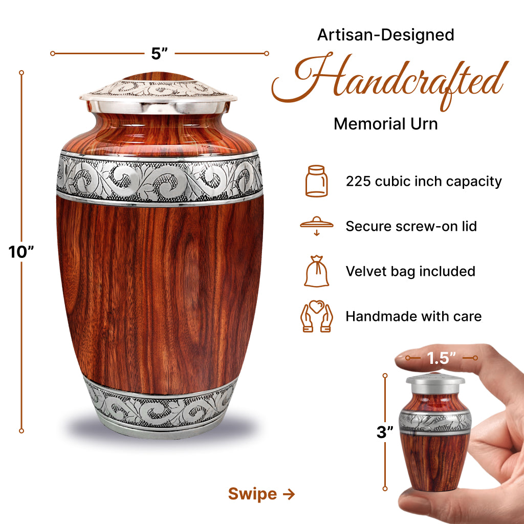 Printed Wood & Silver Hand-Engraved Cremation Urn
