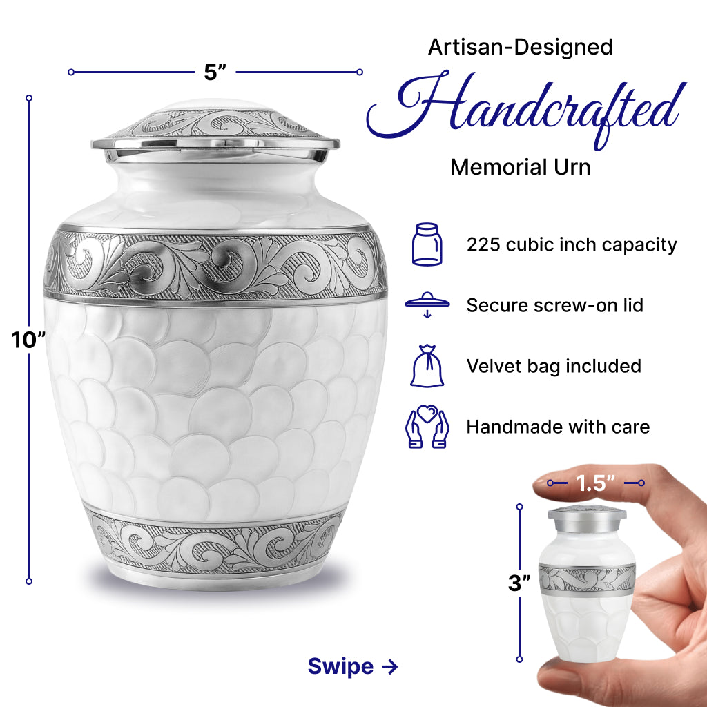 White Patch & Silver Hand-Engraved Cremation Urn