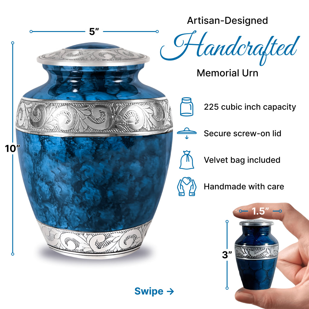 Blue Patch & Silver Engraved Cremation Urn