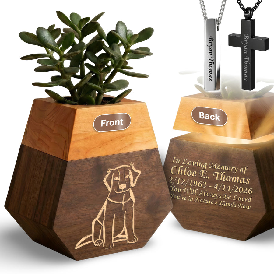 Wooden Plant Cremation Urn with Beloved Dog Design for Pet Lovers