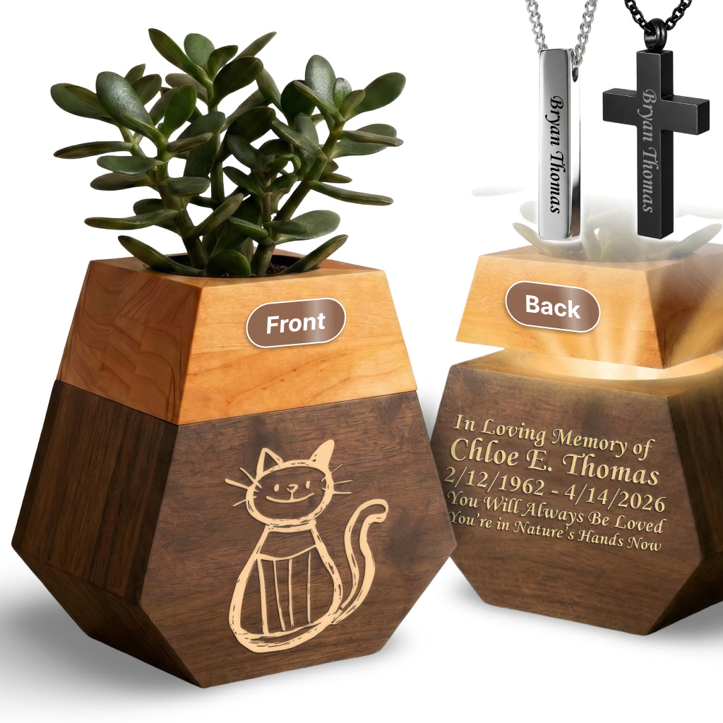Wooden Plant Cremation Urn with Playful Cat Design for Pet Lovers