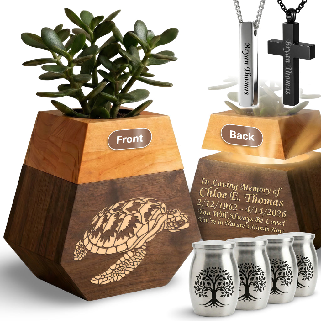 Wooden Plant Cremation Urn with Coastal Nature Design for Ocean Lovers