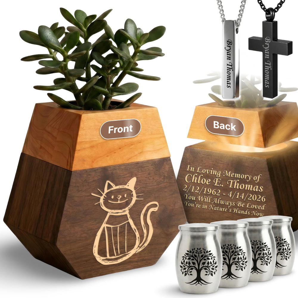 Wooden Plant Cremation Urn with Playful Cat Design for Pet Lovers