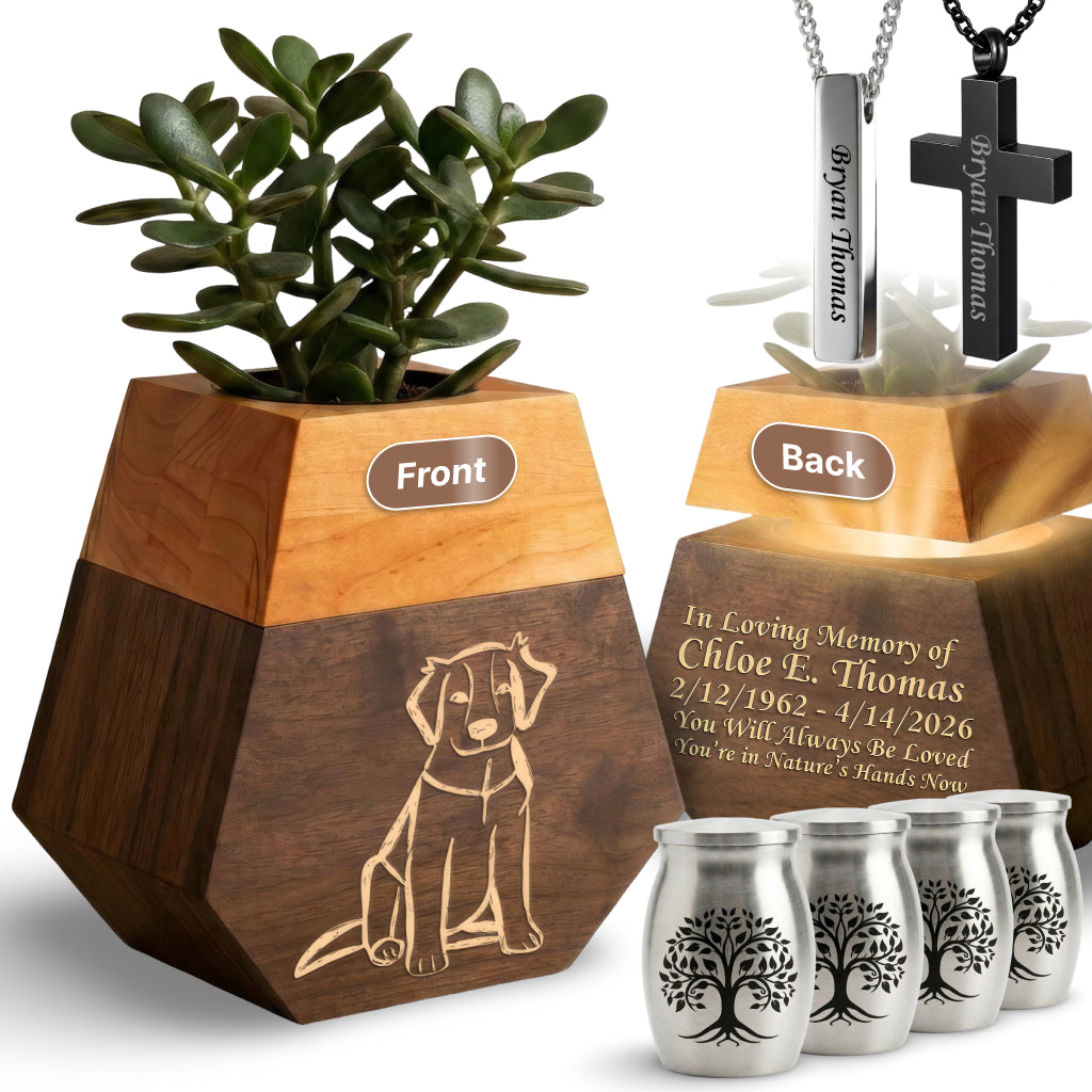 Wooden Plant Cremation Urn with Beloved Dog Design for Pet Lovers