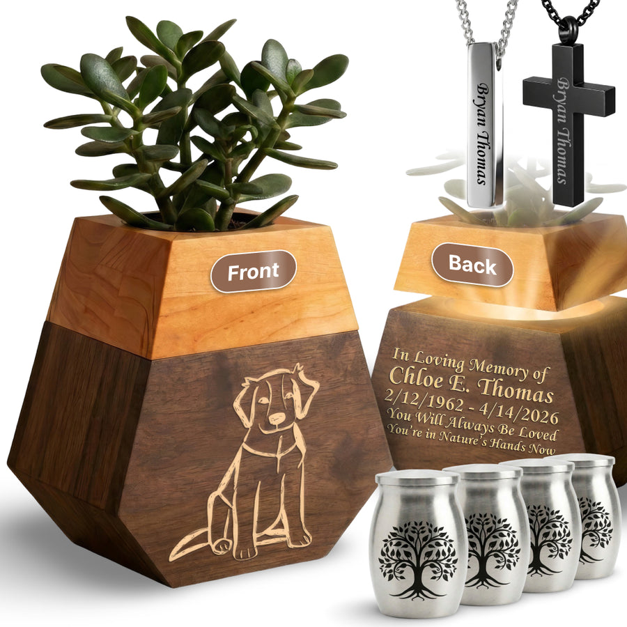 Wooden Plant Cremation Urn with Beloved Dog Design for Pet Lovers
