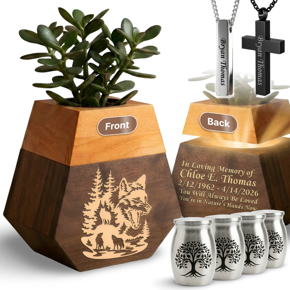 Wooden Plant Cremation Urn with Forest Wildlife Design for Nature Lovers