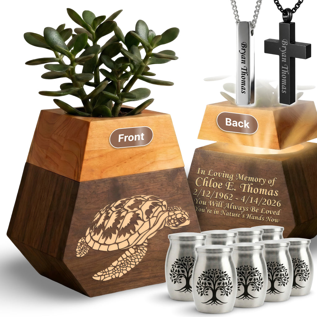 Wooden Plant Cremation Urn with Coastal Nature Design for Ocean Lovers