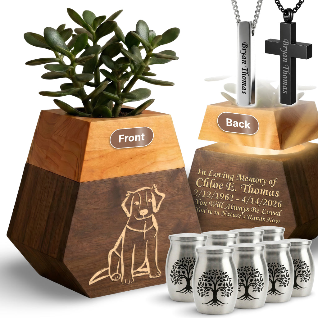 Wooden Plant Cremation Urn with Beloved Dog Design for Pet Lovers