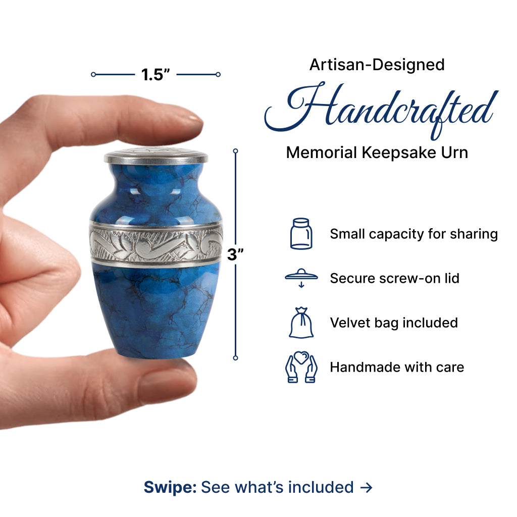 Blue Patch & Silver Engraved Cremation Urn