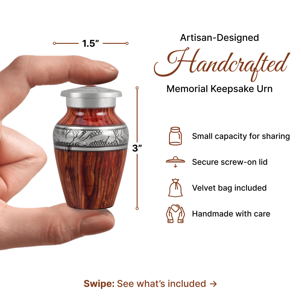 Printed Wood & Silver Hand-Engraved Cremation Urn