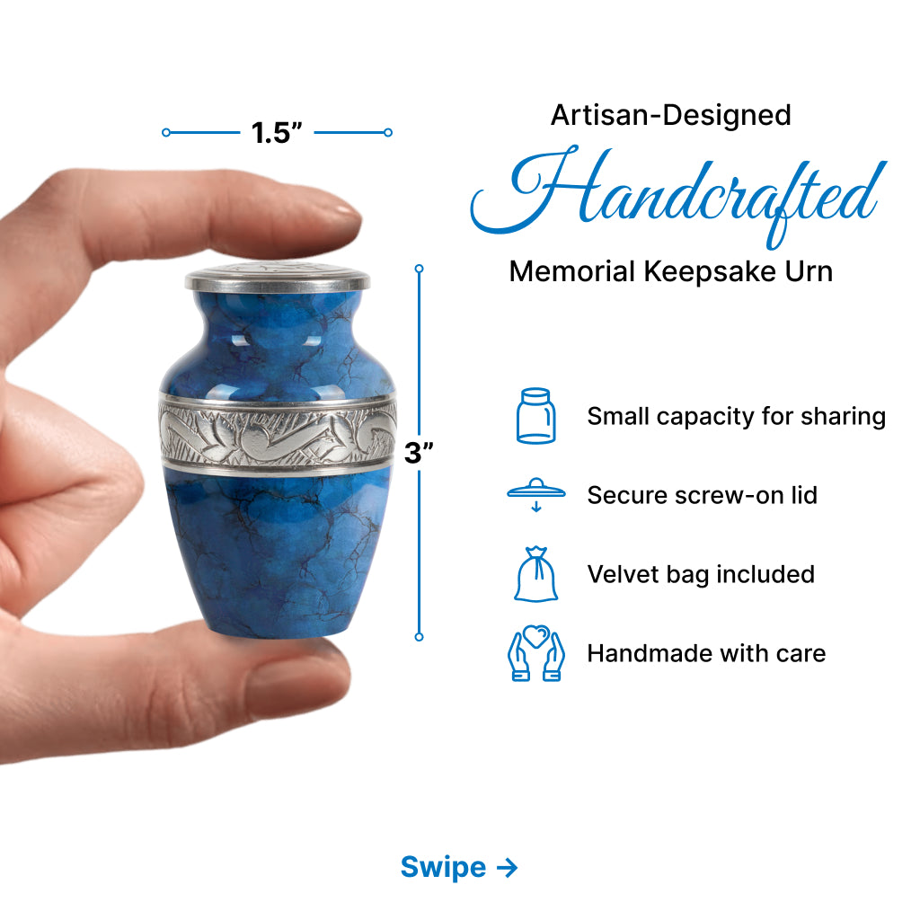 Blue Patch & Silver Engraved Cremation Urn