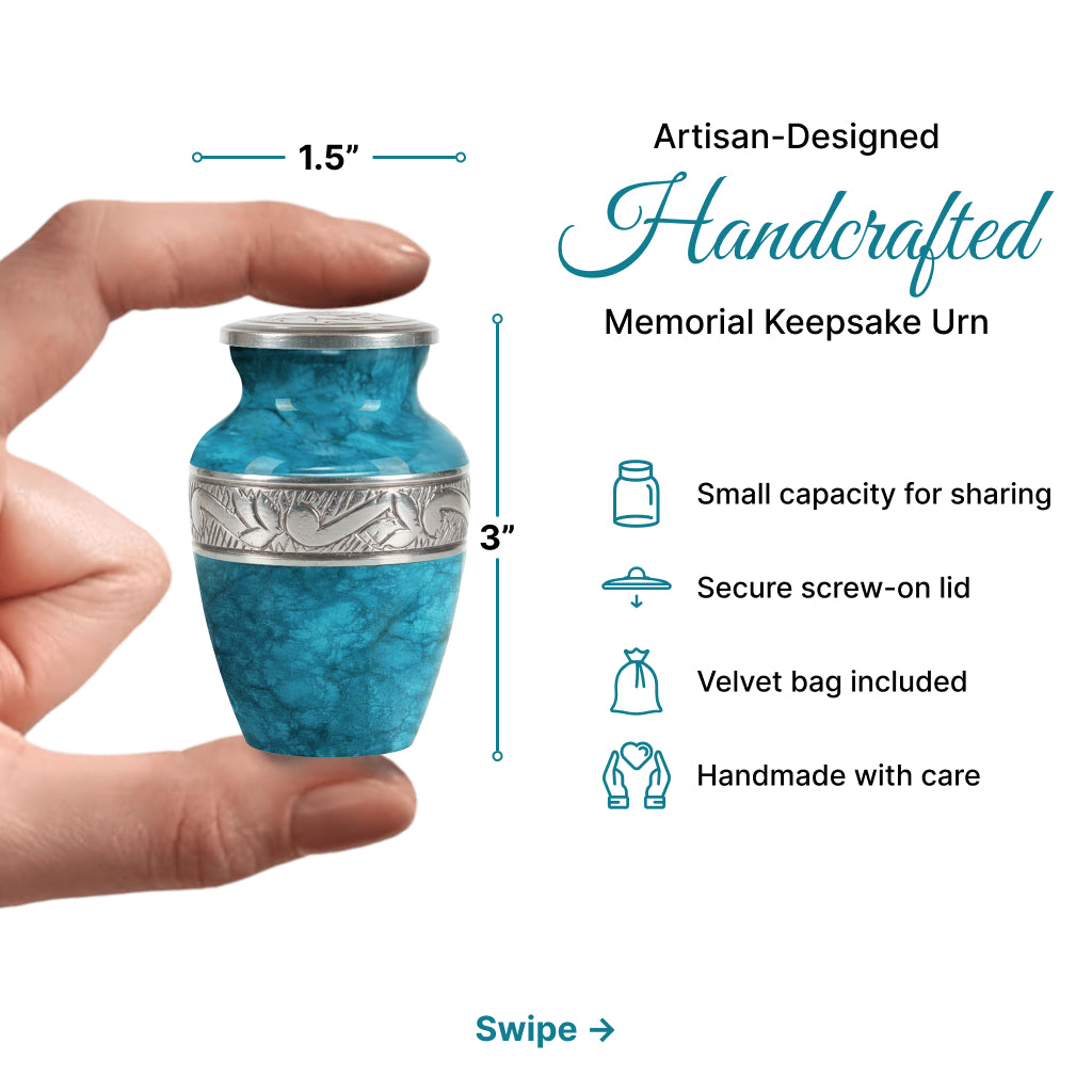 Blue Teal Marble & Silver Hand-Engraved Cremation Urn