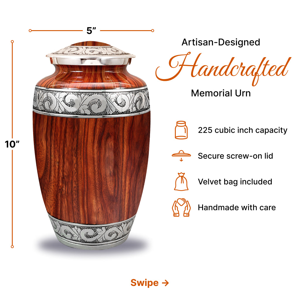 Printed Wood & Silver Hand-Engraved Cremation Urn