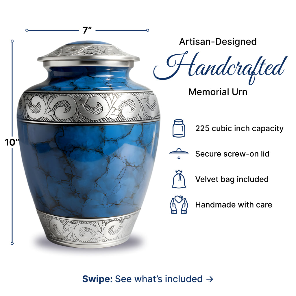Blue Patch & Silver Engraved Cremation Urn