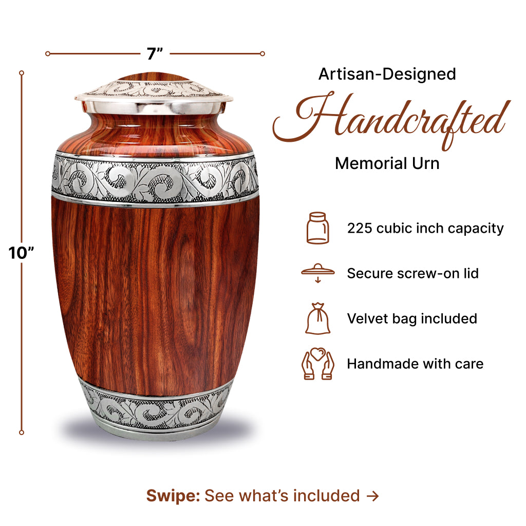 Printed Wood & Silver Hand-Engraved Cremation Urn