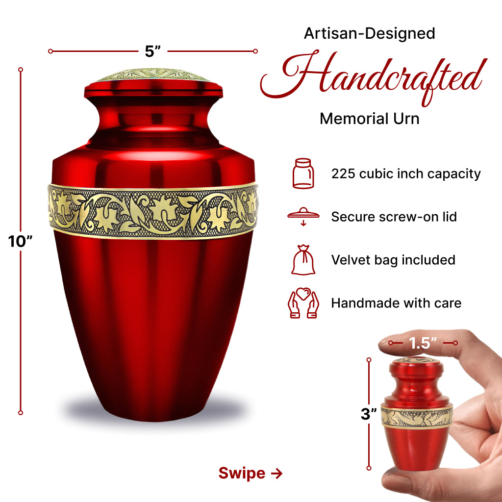 Red & Gold Engraved Grecian Cremation Urn