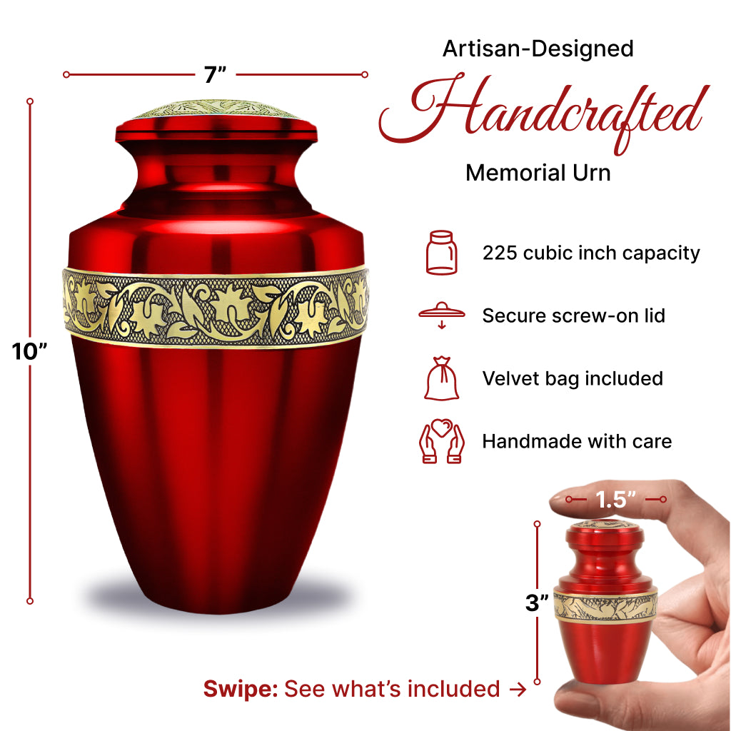 Red & Gold Engraved Grecian Cremation Urn