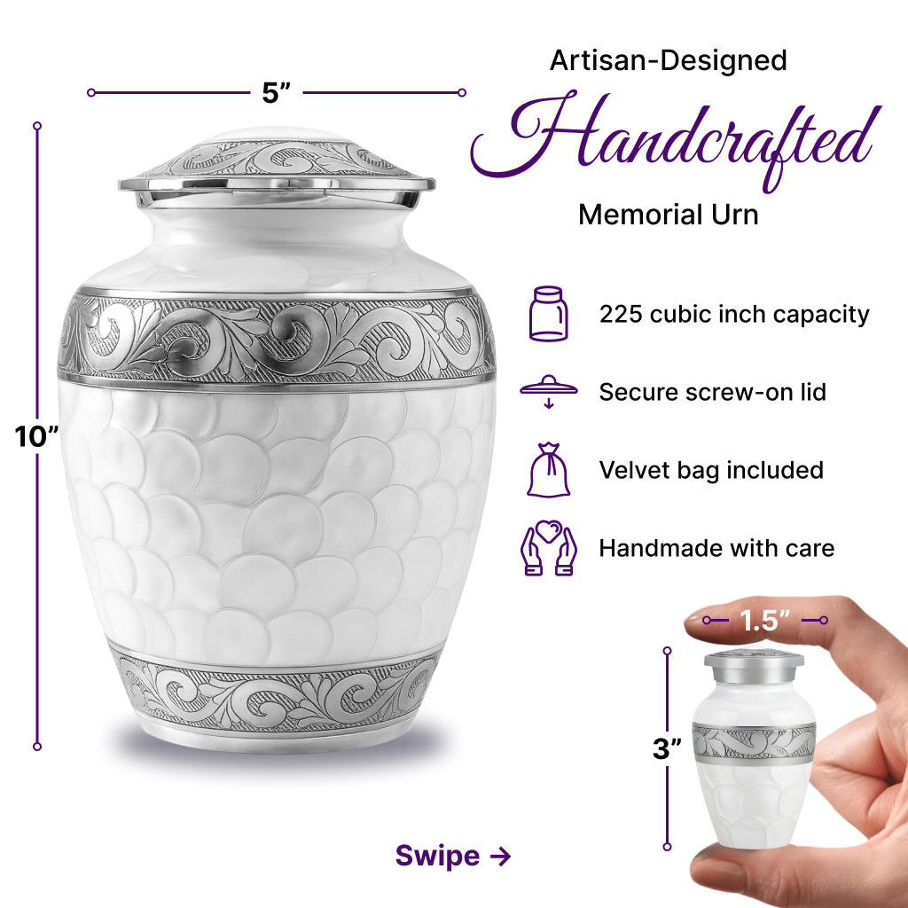 White Patch & Silver Hand-Engraved Cremation Urn