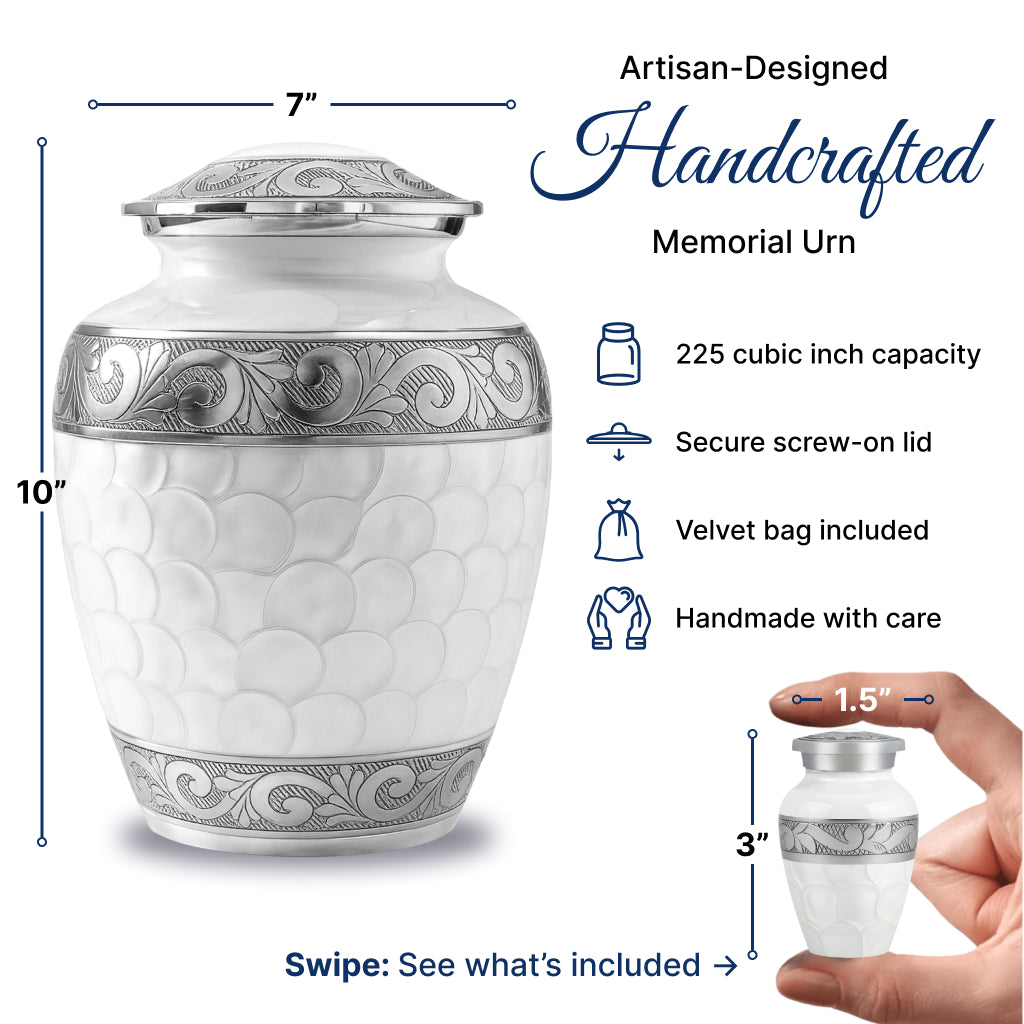 White Patch & Silver Hand-Engraved Cremation Urn